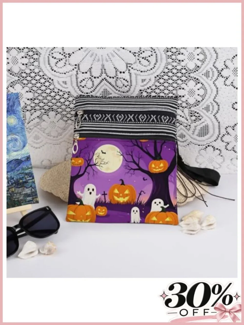 Halloween Crossbody Bag Cute Ghosts Pumpkins Full Moon Bats Adjustable Strap